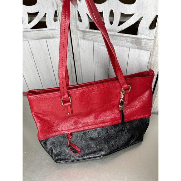 LR Brand Leather Tote Purse Handbag Red Black Top Handle - Picture 1 of 8